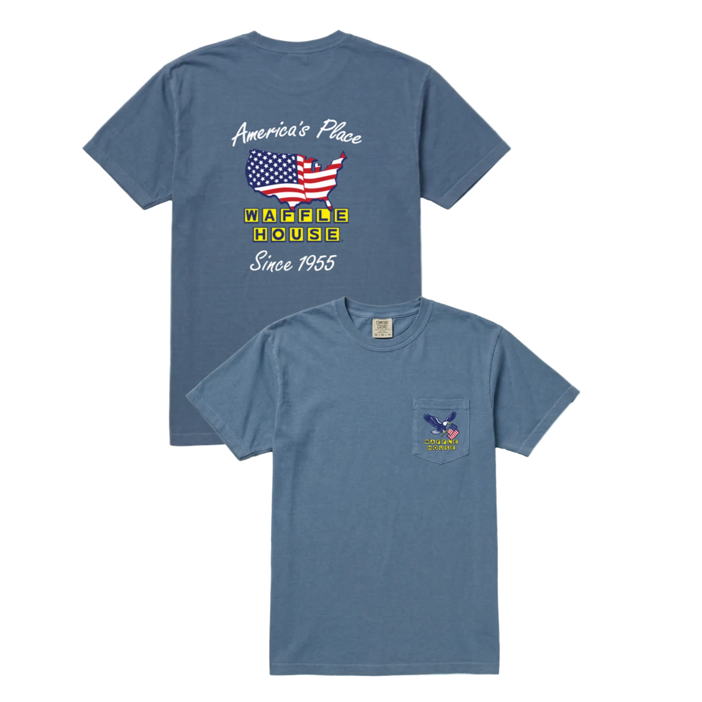 Waffle House America's Place since 1995 design on a blue shirt