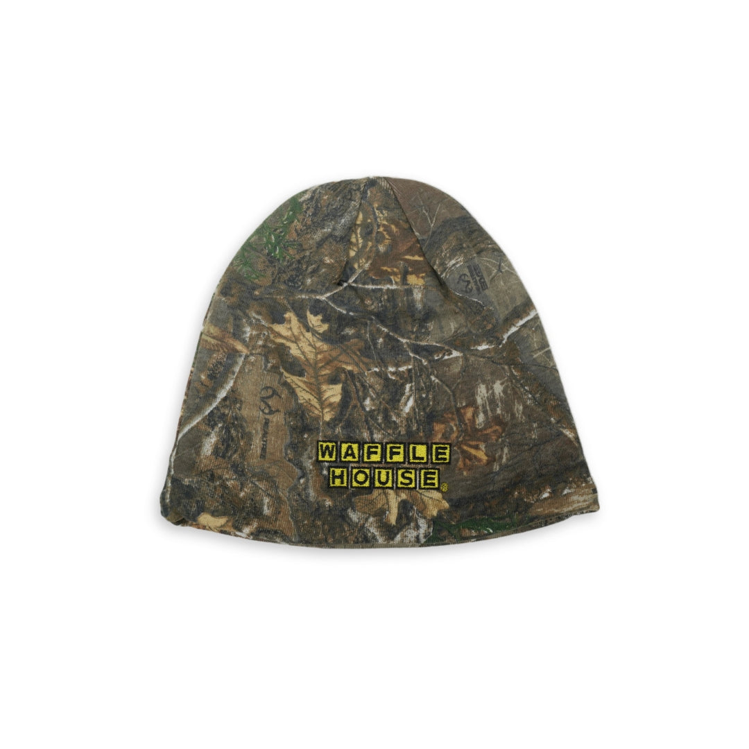 Camo beanie with yellow and black Waffle House logo