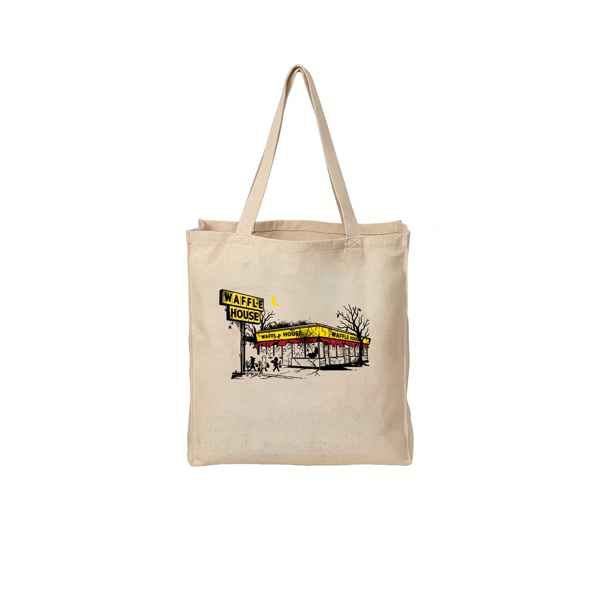 A natural tan canvas tote bag with long handles. On the front is a black, yellow, and red illustration of a spooky Waffle House restaurant at night, with a crescent moon and stars in the sky, bare trees, spiderwebs on the sign, and three small trick-or-treater silhouettes walking toward the entrance.