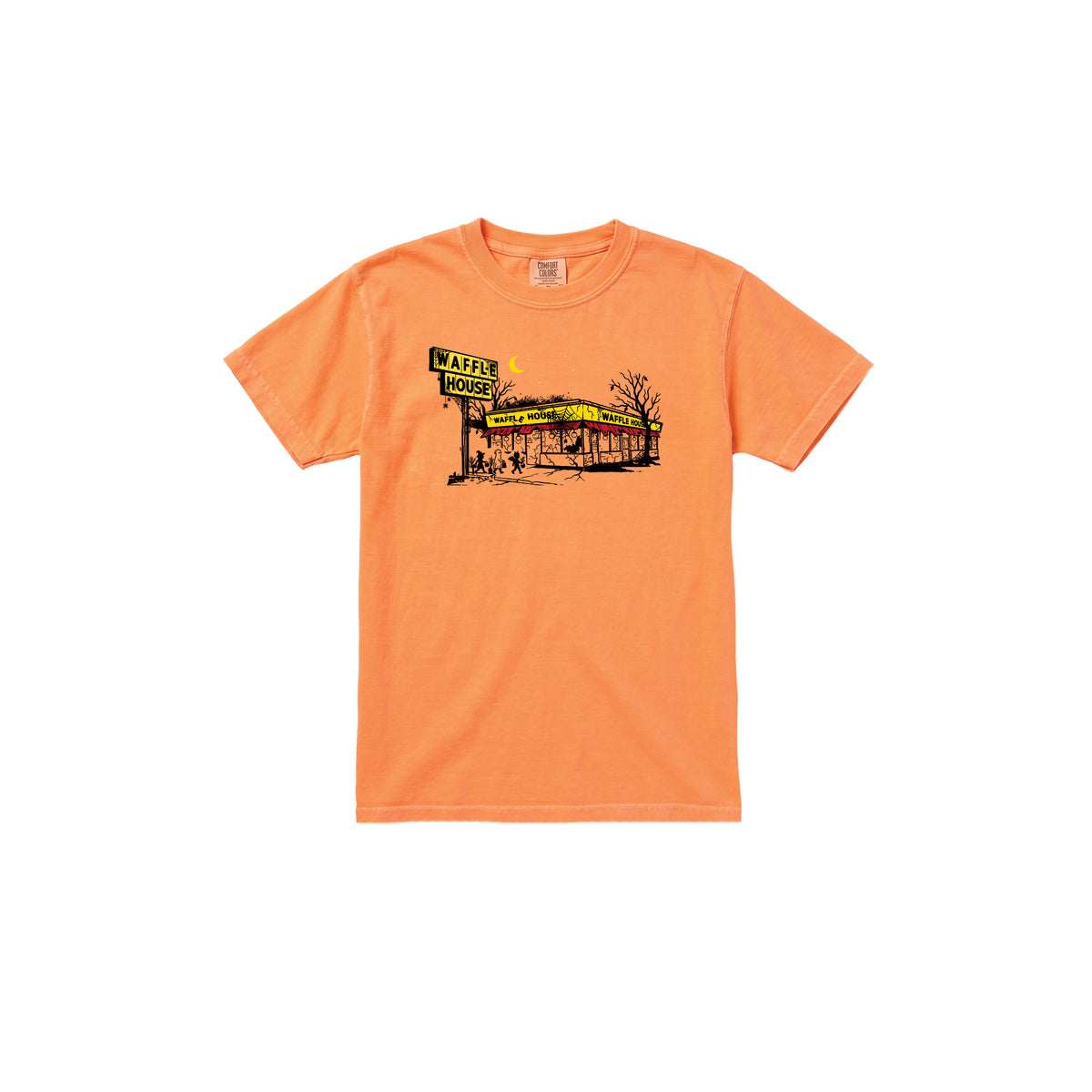 An orange youth t-shirt with a black illustration of a Waffle House restaurant at night. A yellow crescent moon and small stars appear in the sky, bare trees flank the building, and three small trick-or-treater silhouettes walk toward the entrance beneath a tall roadside "Waffle House" sign.