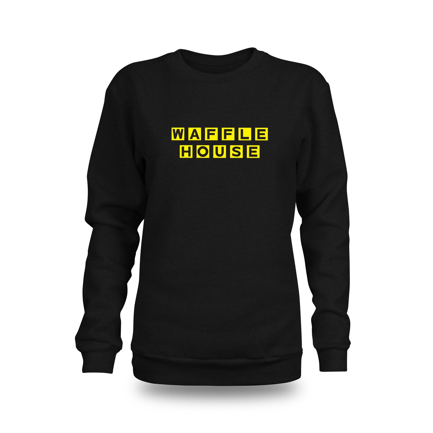 black crew neck sweatshirt with yellow block Waffle House logo