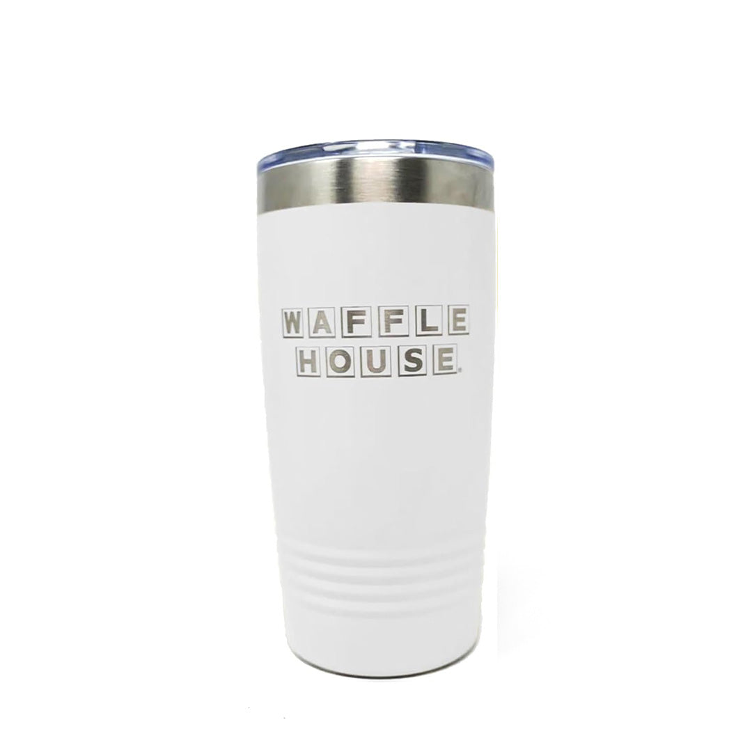 White tumbler with 'Waffle House' text engraved in silver