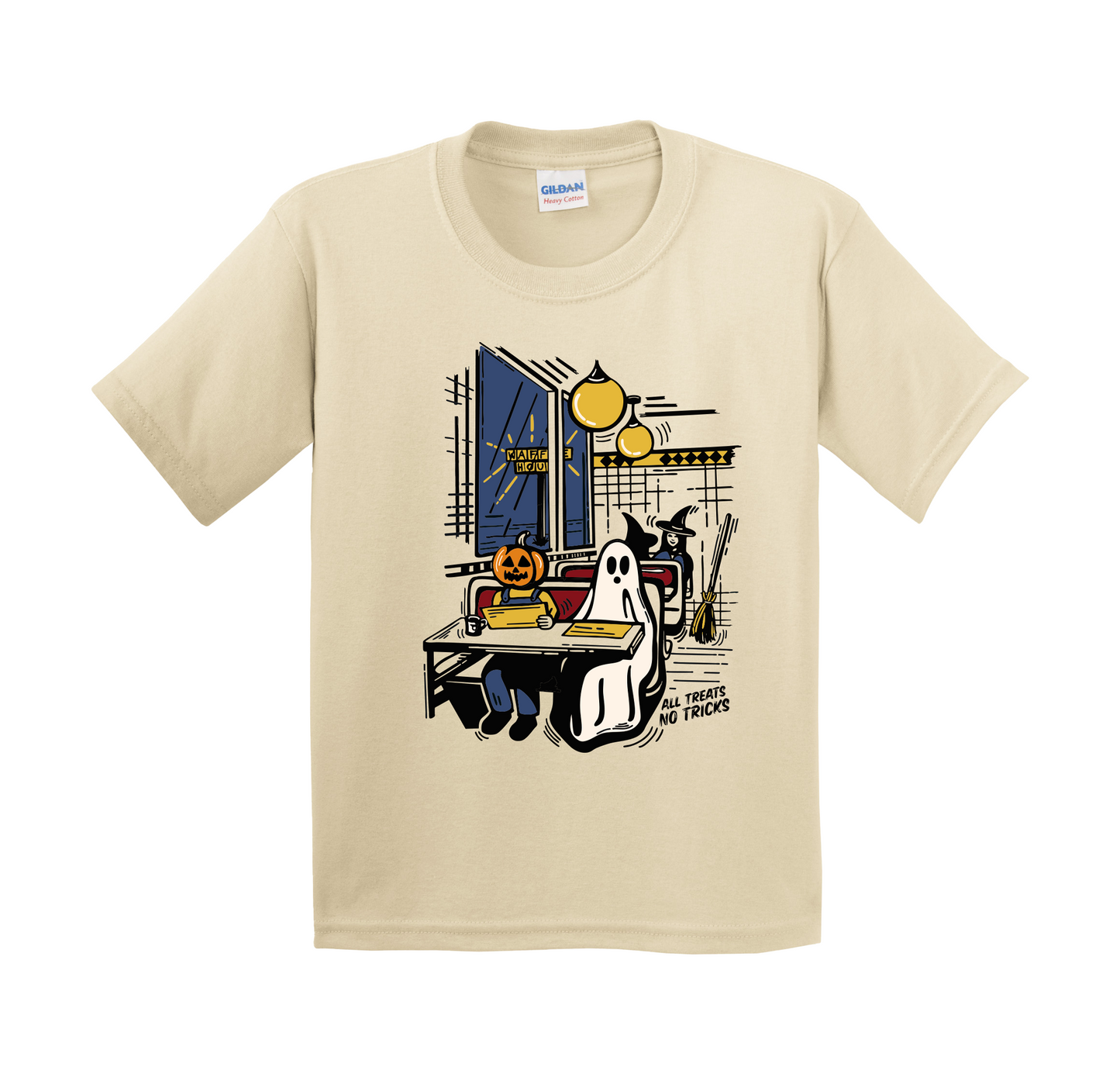 A beige youth t-shirt with a cartoon Halloween waffle house scene. A pumpkin-headed character and a ghost sit together in a booth, reading menus. A witch stands nearby with her broom. The words ‘All Treats No Tricks’ are printed at the bottom.
