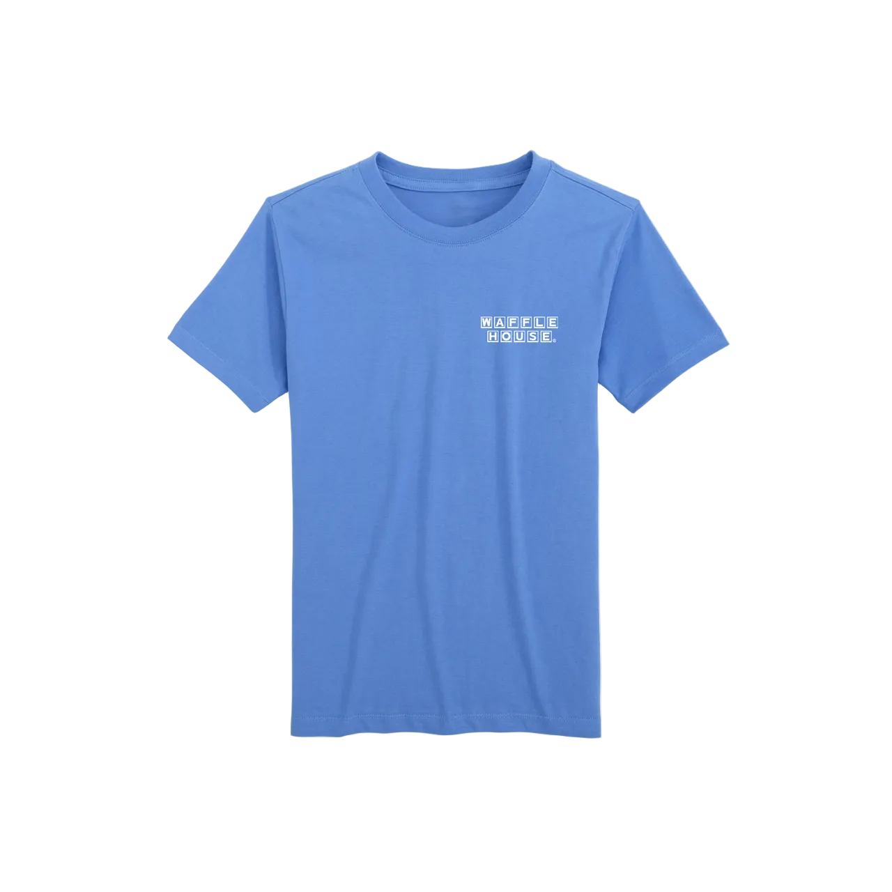 Marine blue youth short sleeve t-shirt with small white Waffle House logo on left chest