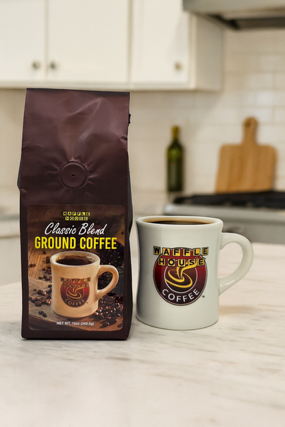 Coffee bag and mug on a kitchen counter with 'Waffle House Classic Blend Ground Coffee' branding.