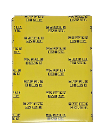 Yellow wrapping paper patterned with repeating Waffle House logos
