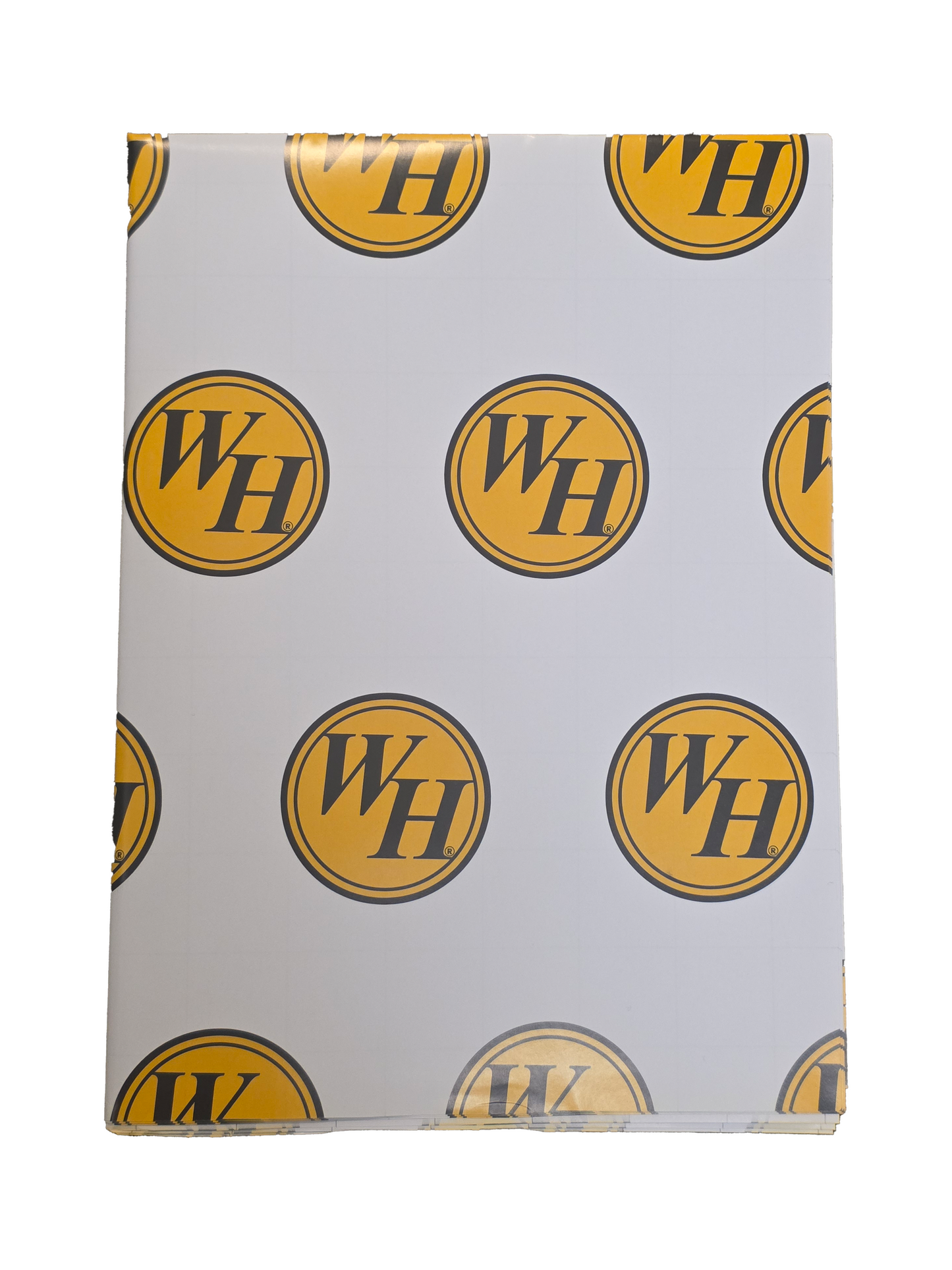 White wrapping paper patterned with repeating classic black and yellow WH circle logo