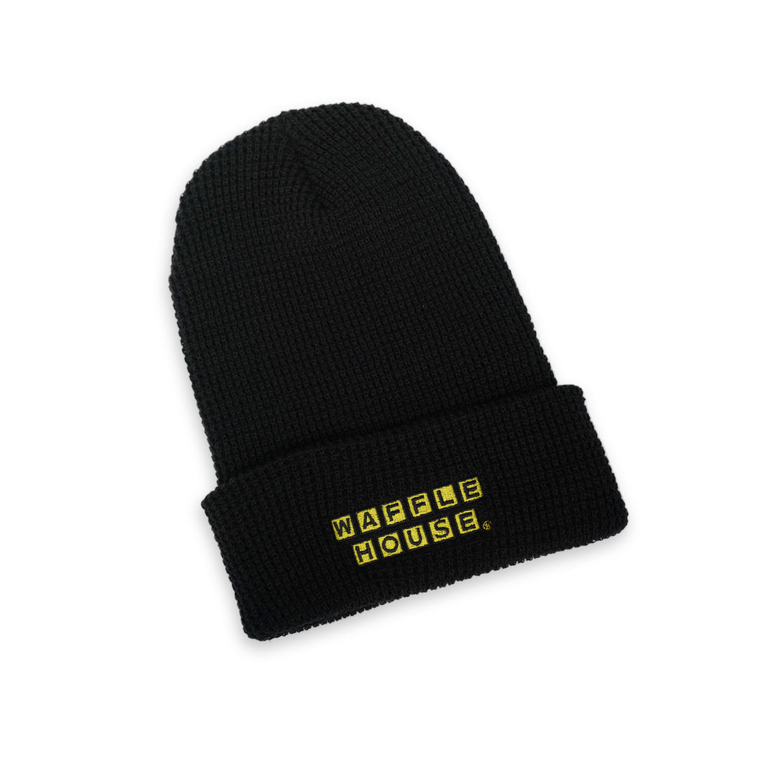 black beanie with Waffle House logo on front cuff