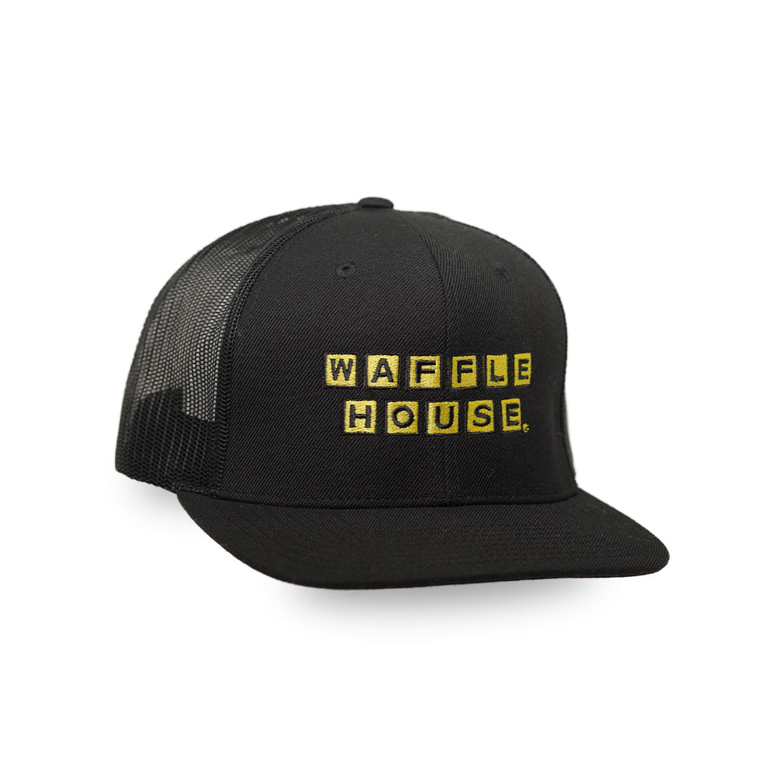 Black Flat Billed trucker hat with Waffle House logo