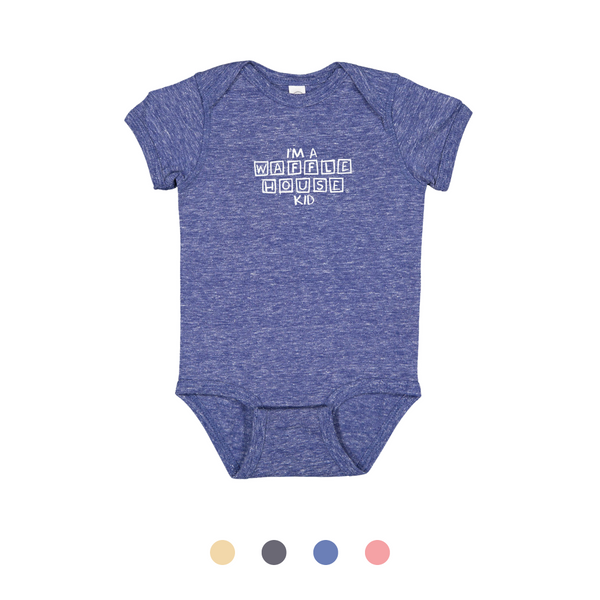 bright blue childs onesie with I'm a Waffle House Kid printed in white