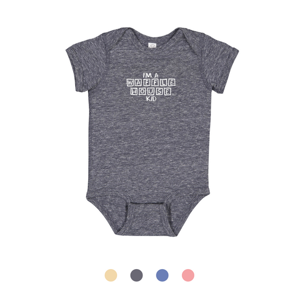 Navy/grey childs onesie with I'm a Waffle House Kid printed in white
