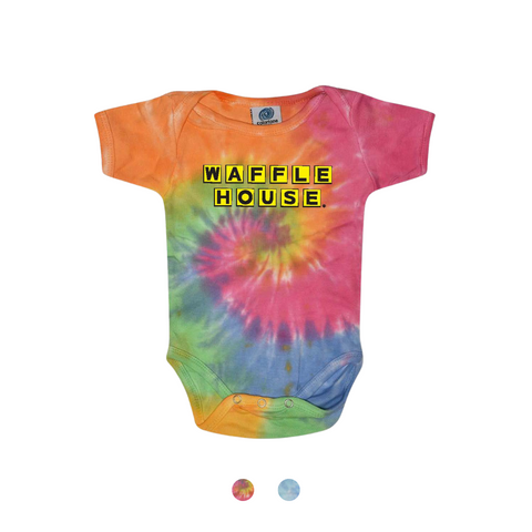 Brightly colored tie dye child's onesie with Waffle House logo printed in red and yellow