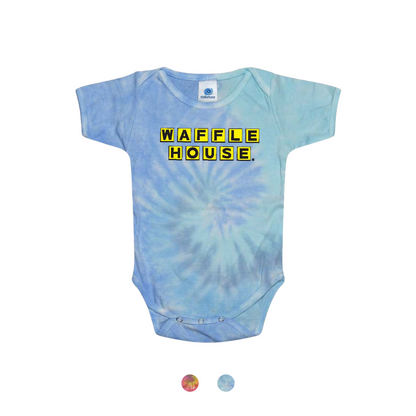 Blue colored tie dye child's onesie with Waffle House logo printed in red and yellow