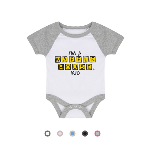 White onesie with grey sleeves and trim with “I’m a Waffle House Kid” printed.