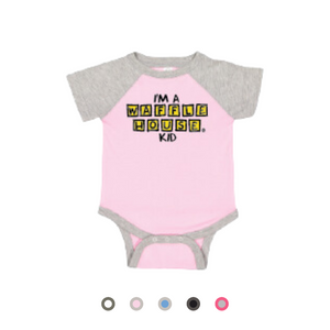 Pink onesie with grey sleeves and trim with “I’m a Waffle House Kid” printed.