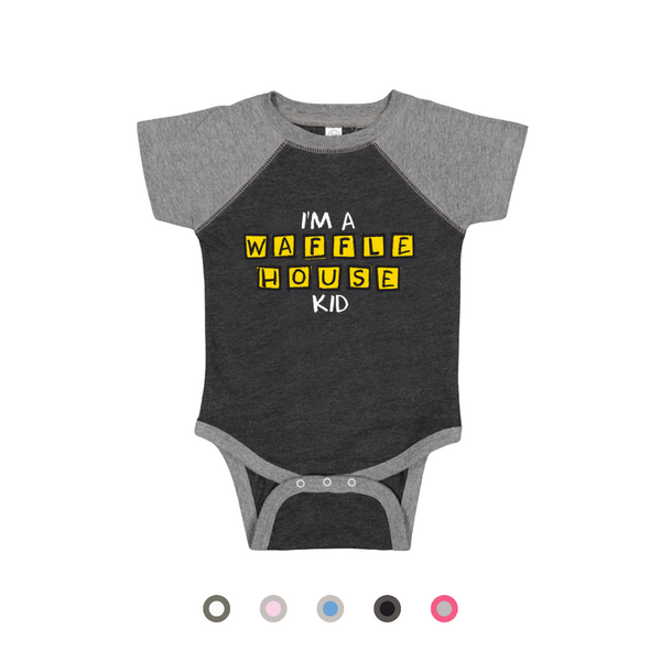 Black onesie with grey sleeves and trim with “I’m a Waffle House Kid” printed.