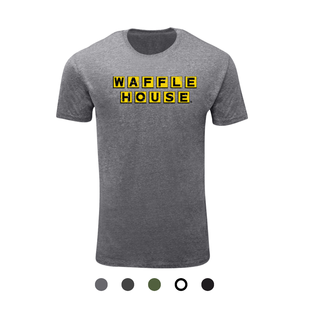 grey colored shirt with Waffle House logo on front