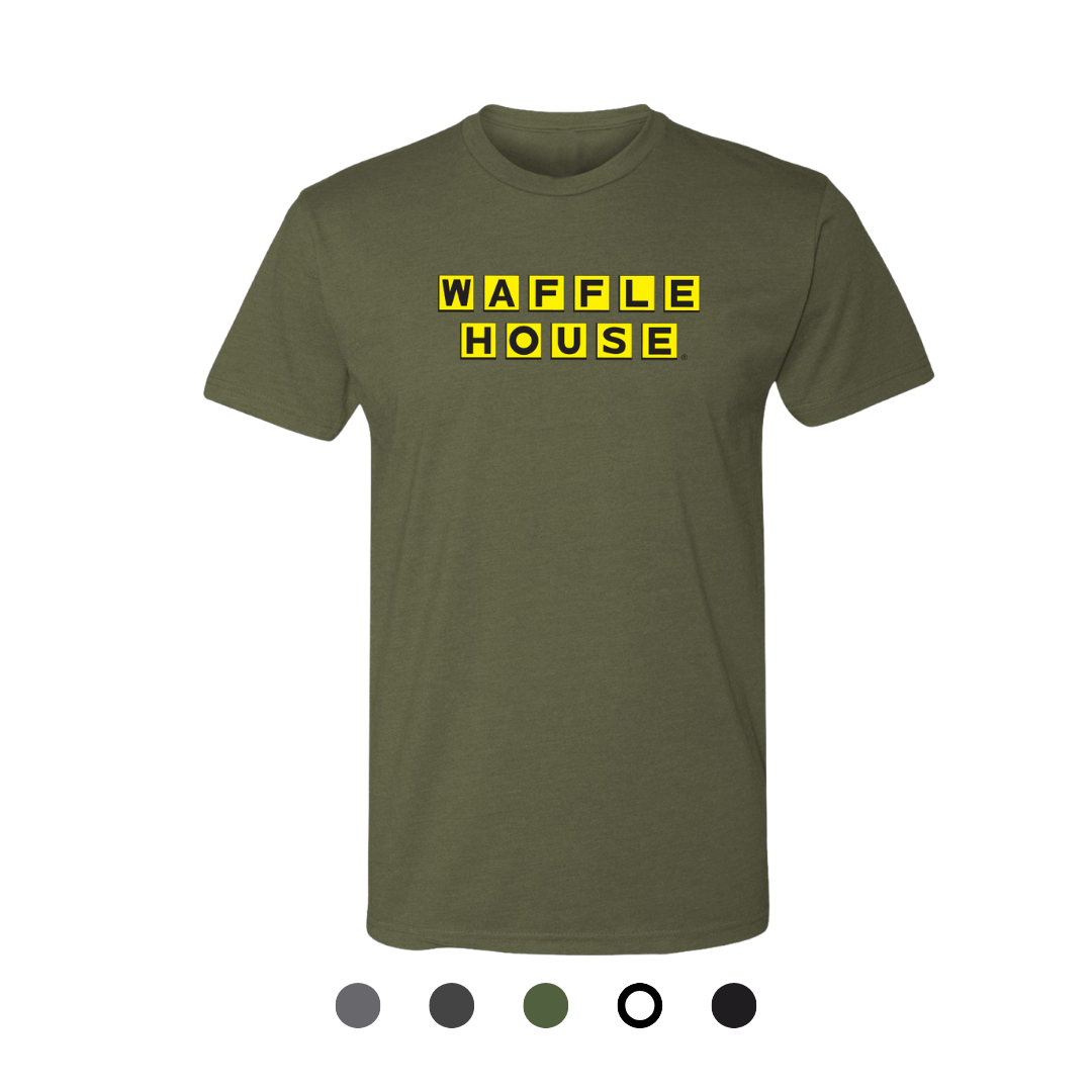 military green colored shirt with Waffle House logo on front