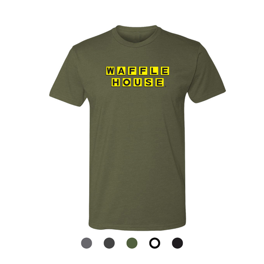 military green colored shirt with Waffle House logo on front