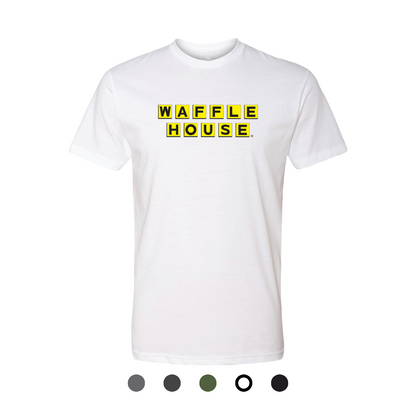 white colored shirt with Waffle House logo on front