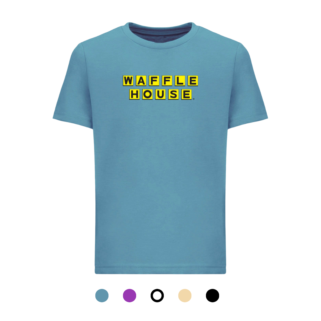 turquoise color youth t-shirt with Waffle House logo on front