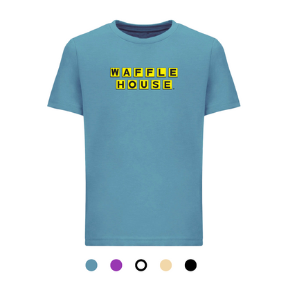 turquoise color youth t-shirt with Waffle House logo on front