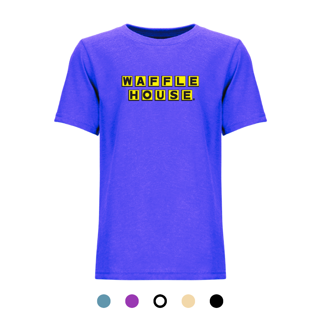 purple color youth t-shirt with Waffle House logo on front