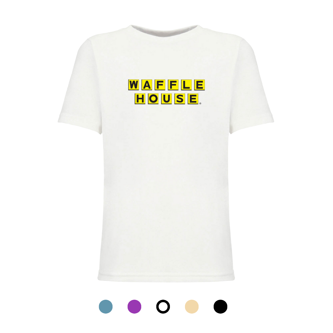 white color youth t-shirt with Waffle House logo on front