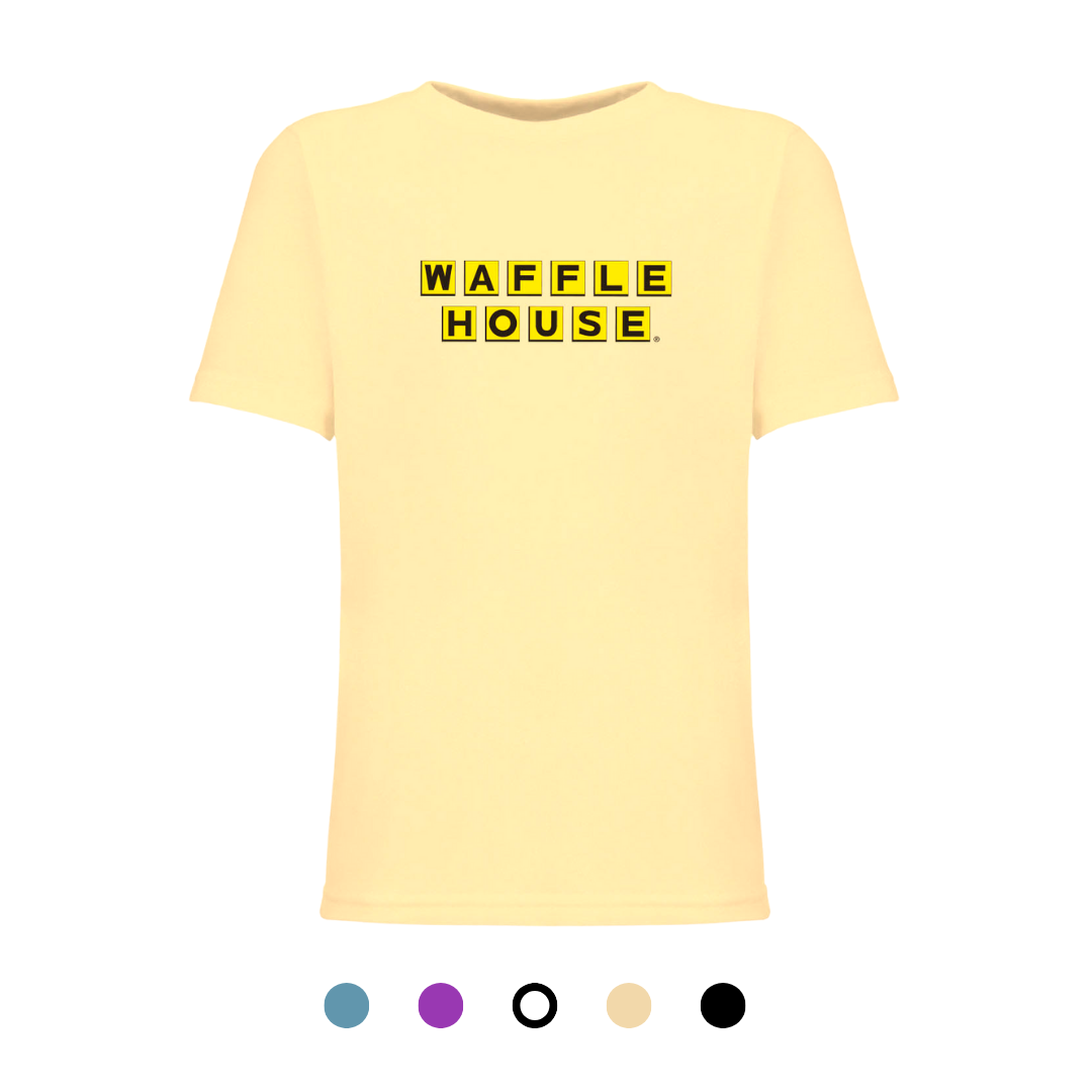 light yellow color youth t-shirt with Waffle House logo on front