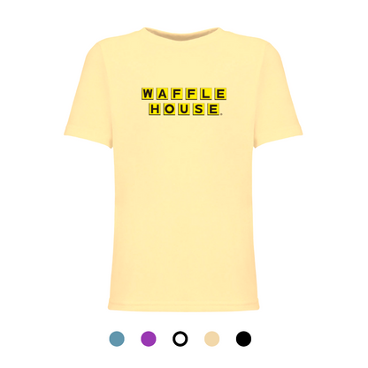 light yellow color youth t-shirt with Waffle House logo on front