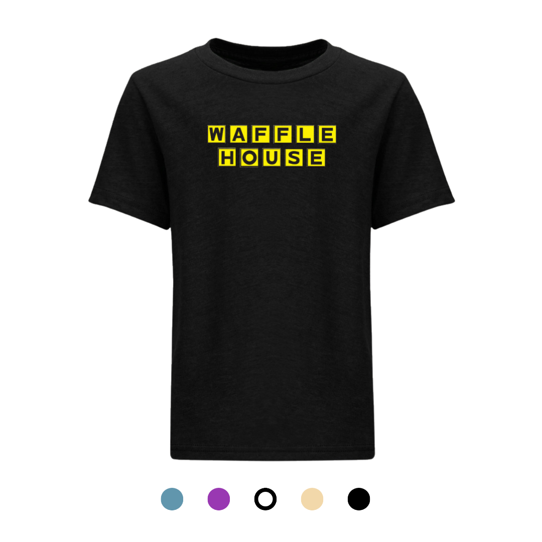 black color youth t-shirt with Waffle House logo on front