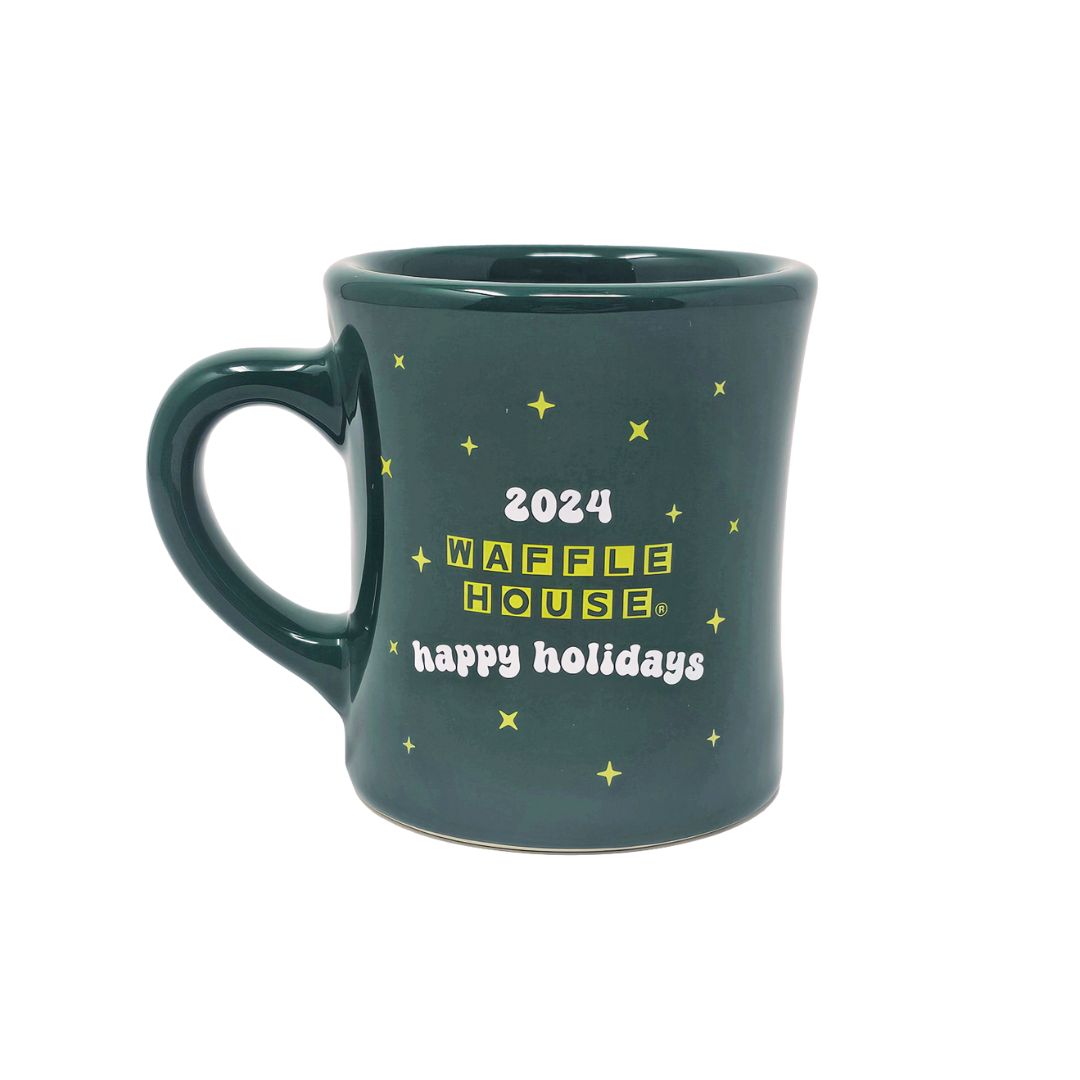 Green coffee mug with 2024 waffle house happy holidays print in white and yellow