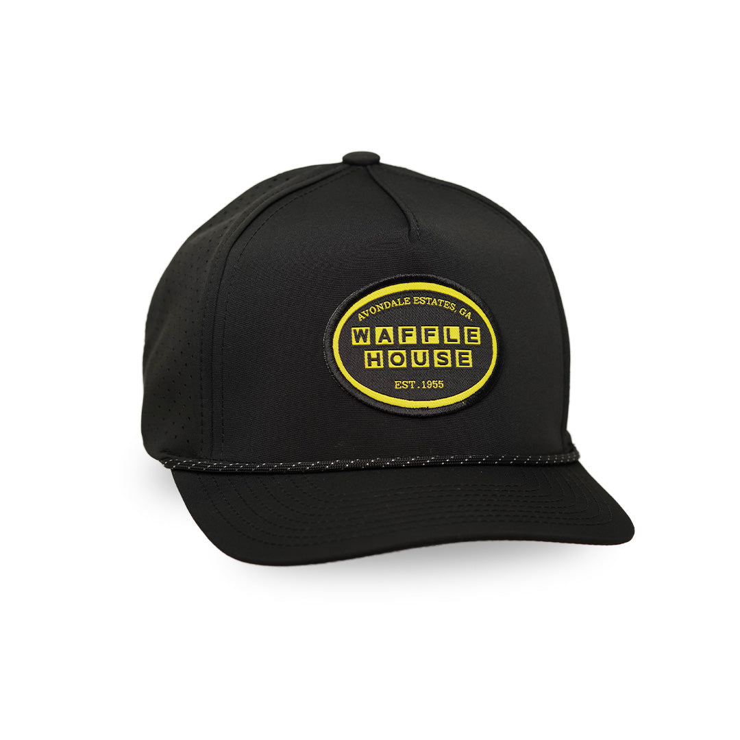 Black Waffle House hat with woven logo patch.