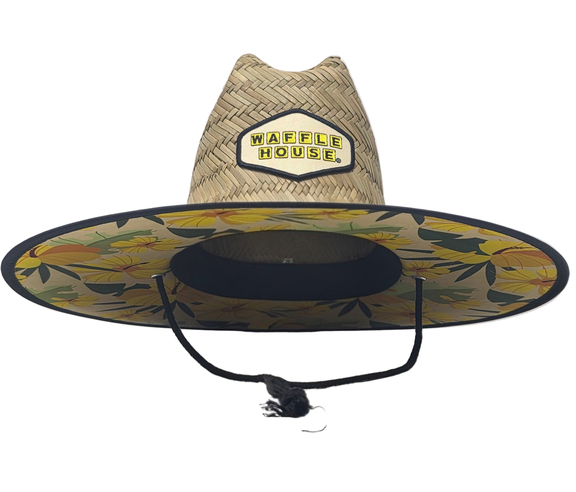 Straw hat with a Waffle House logo on a patch with floral underneath