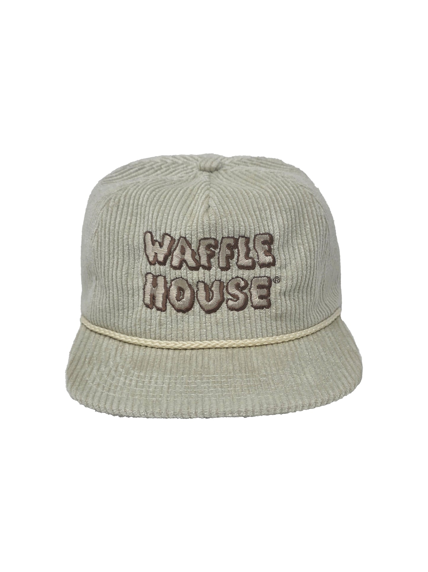 ivory colored corduroy hat with Waffle House embroidered on the front