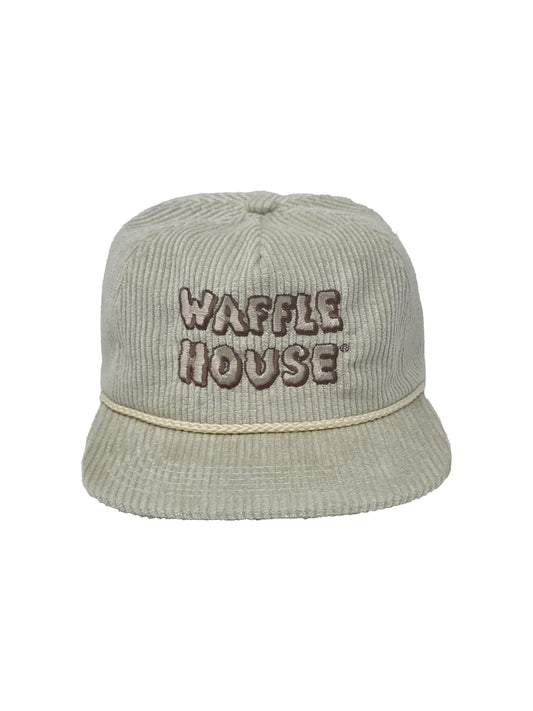 ivory colored corduroy hat with Waffle House embroidered on the front