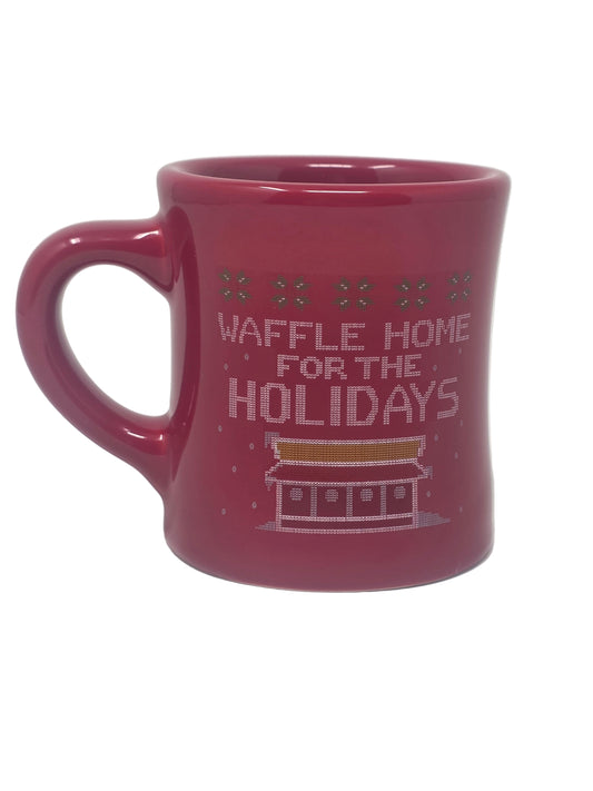 Red holiday mug with waffle home for the holidays