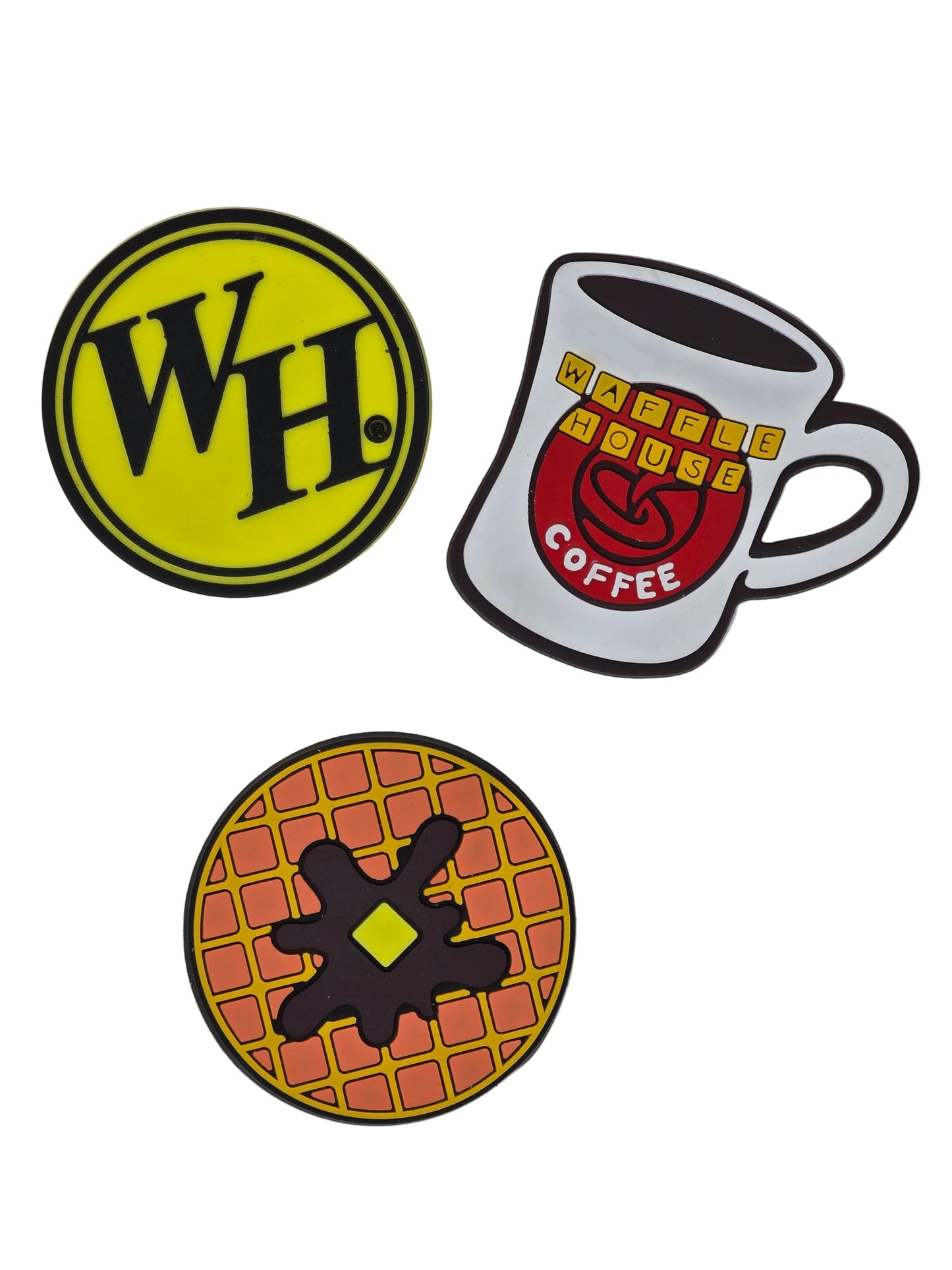 WH circle logo, coffee mug, and waffle gibbet for bag
