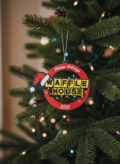 Waffle House ornament with 'Happy Holidays' text 