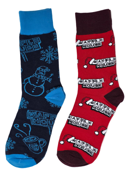 It’s a pair of festive crew socks—one navy with bright blue snowflakes, a snowman, and Waffle House icons, and the other red with repeating Waffle House logos wearing little Santa hats.