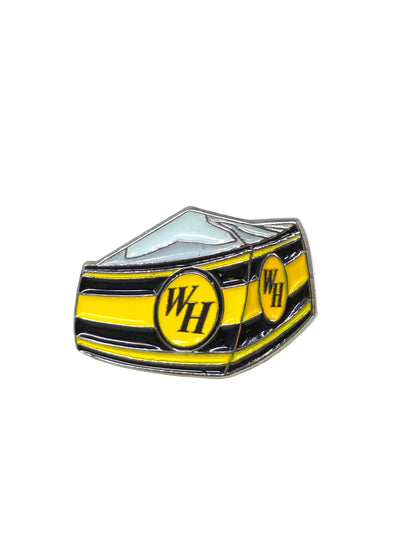 Pin with 'WH' logo on the classic waffle house hat