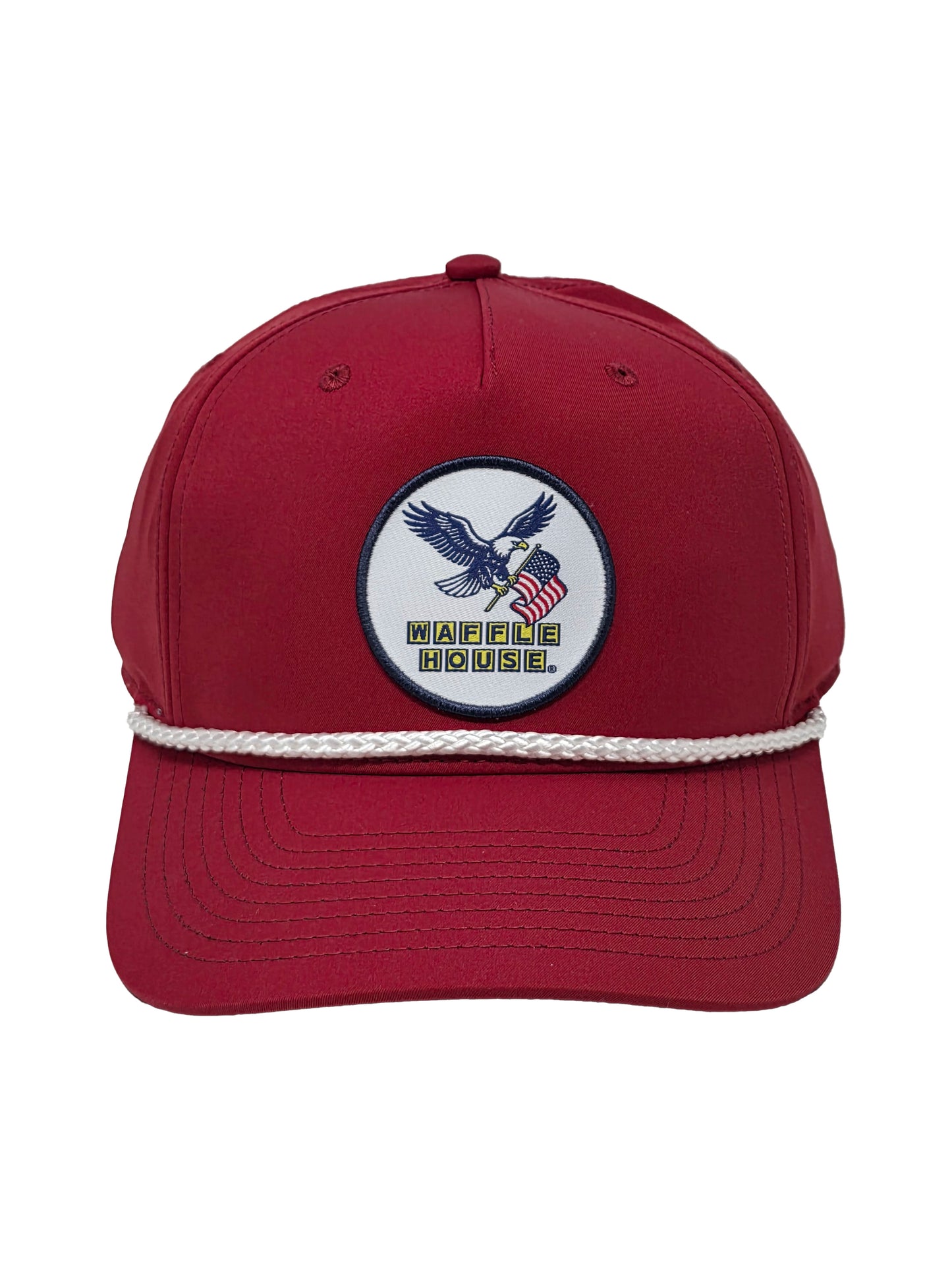 Red cap with a logo featuring an eagle and American flag on a white background