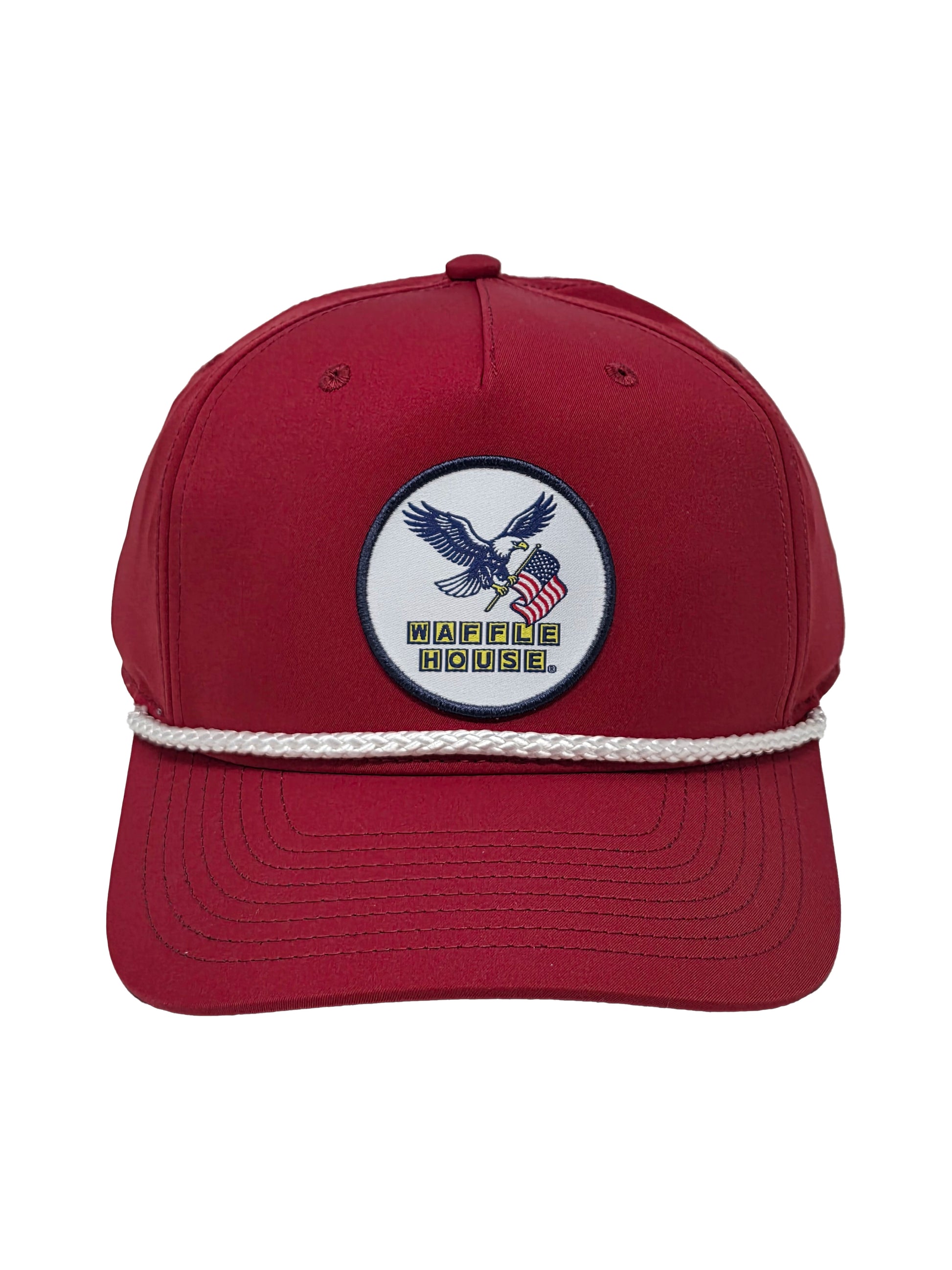 Red cap with a logo featuring an eagle and American flag on a white background