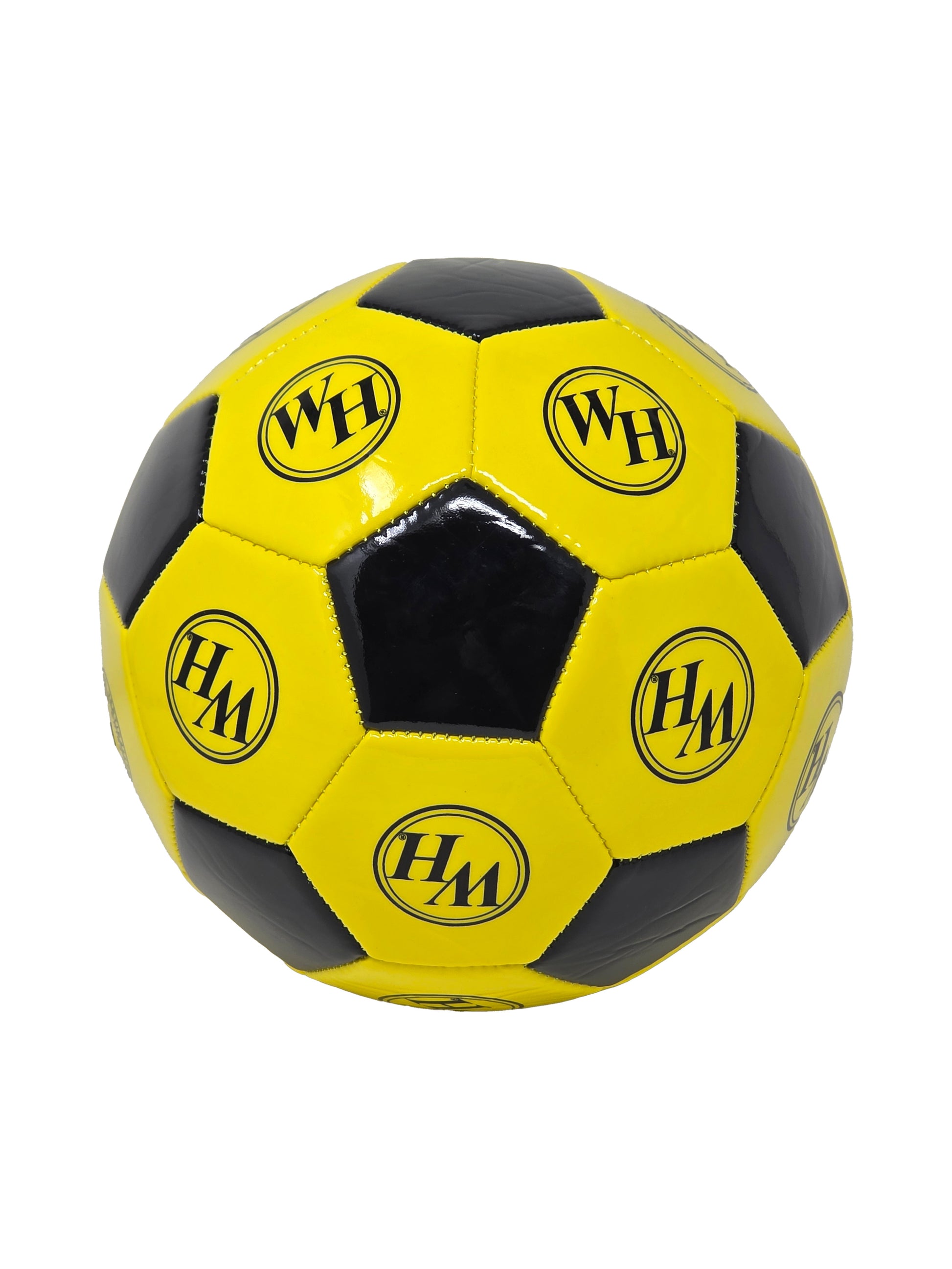 Waffle house soccer ball in yellow and black with the WH circle logo