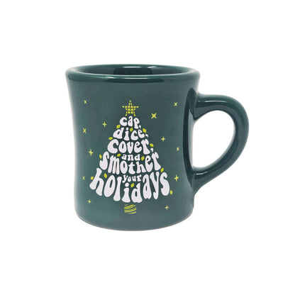 Green coffee mug with holiday tree print