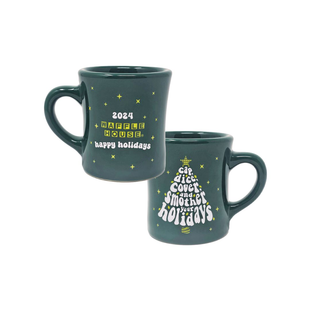 front and back view of green coffee 2024 holiday mug