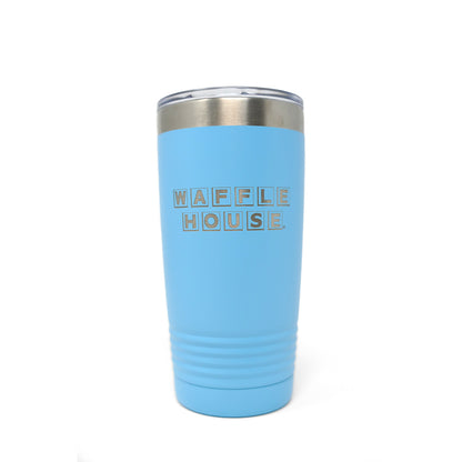 Blue stainless-steel tumbler with Waffle House logo in etched silver.