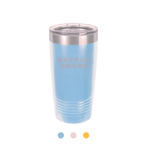blue stainless steel tumbler cup with Waffle House logo etched in silver