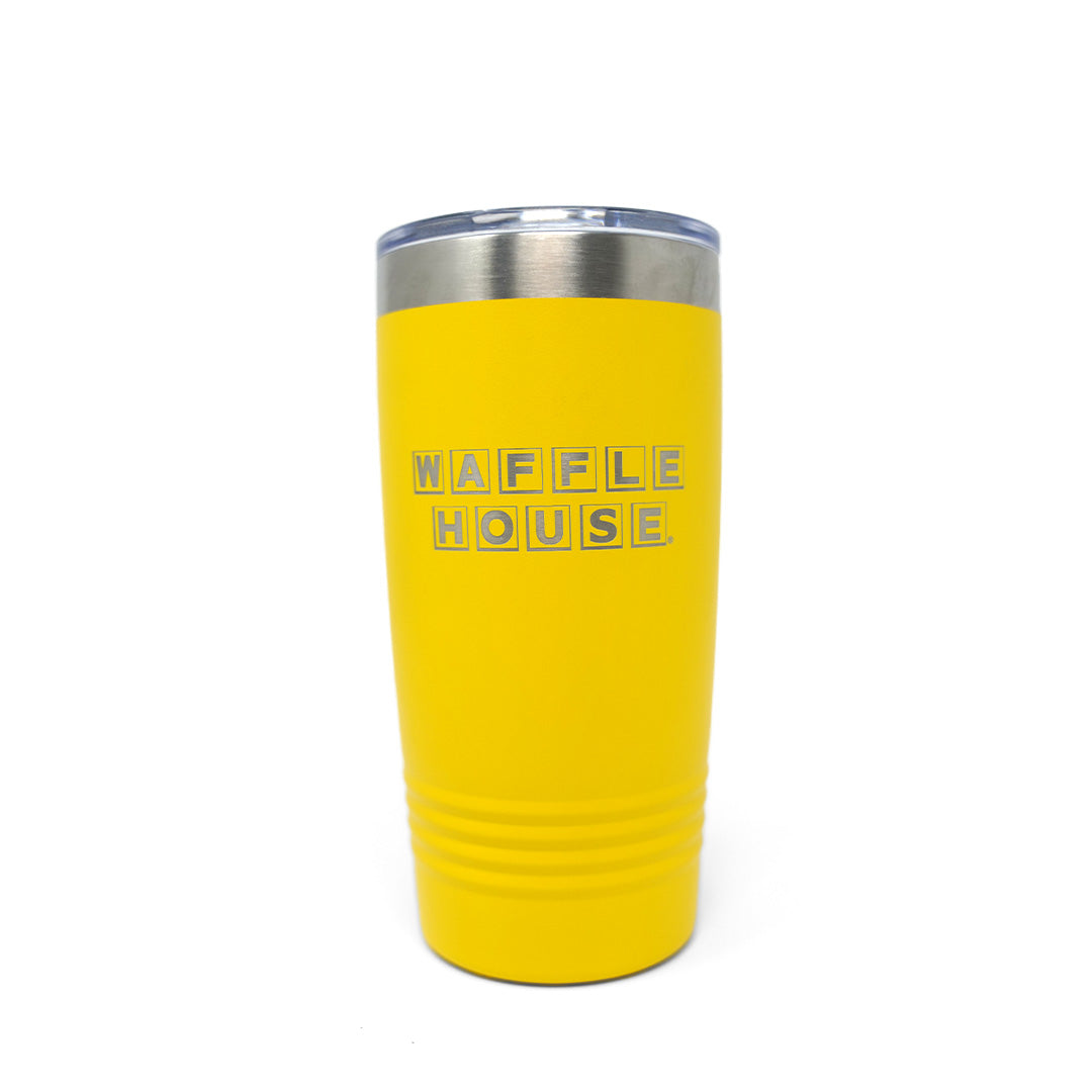 Yellow stainless-steel tumbler with Waffle House logo in etched silver.