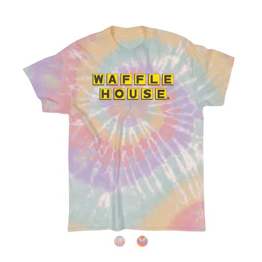 Pastel colored tie dye t-shirt with Waffle House logo on front